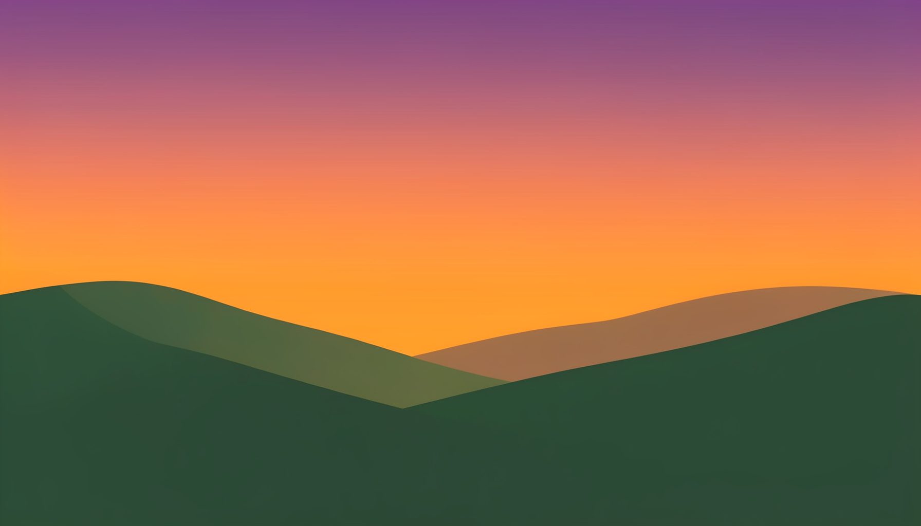 Illustration vectorielle plane d'un paysage serein au crépuscule, avec des collines douces en dégradé de vert foncé et un ciel chaud allant de l'orange doux au violet profond, évoquant à la fois l'apaisement musical et la puissance automobile.