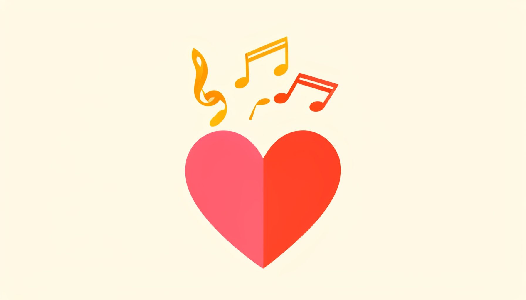 Illustration vectorielle plane de notes de musique flottant au-dessus d'un cœur aux teintes chaudes de rose et d'or sur fond crème doux.