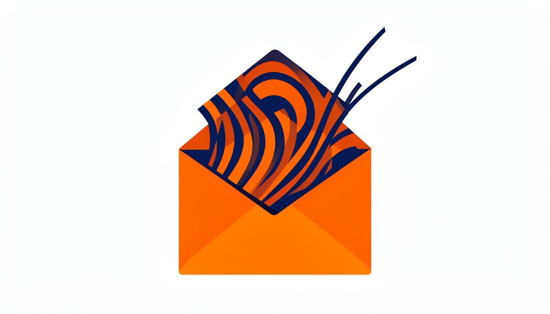 Illustration vectorielle plane d'une enveloppe ouverte laissant échapper des lignes courbes évoquant des ondes sonores, tons bleu nuit et orange.