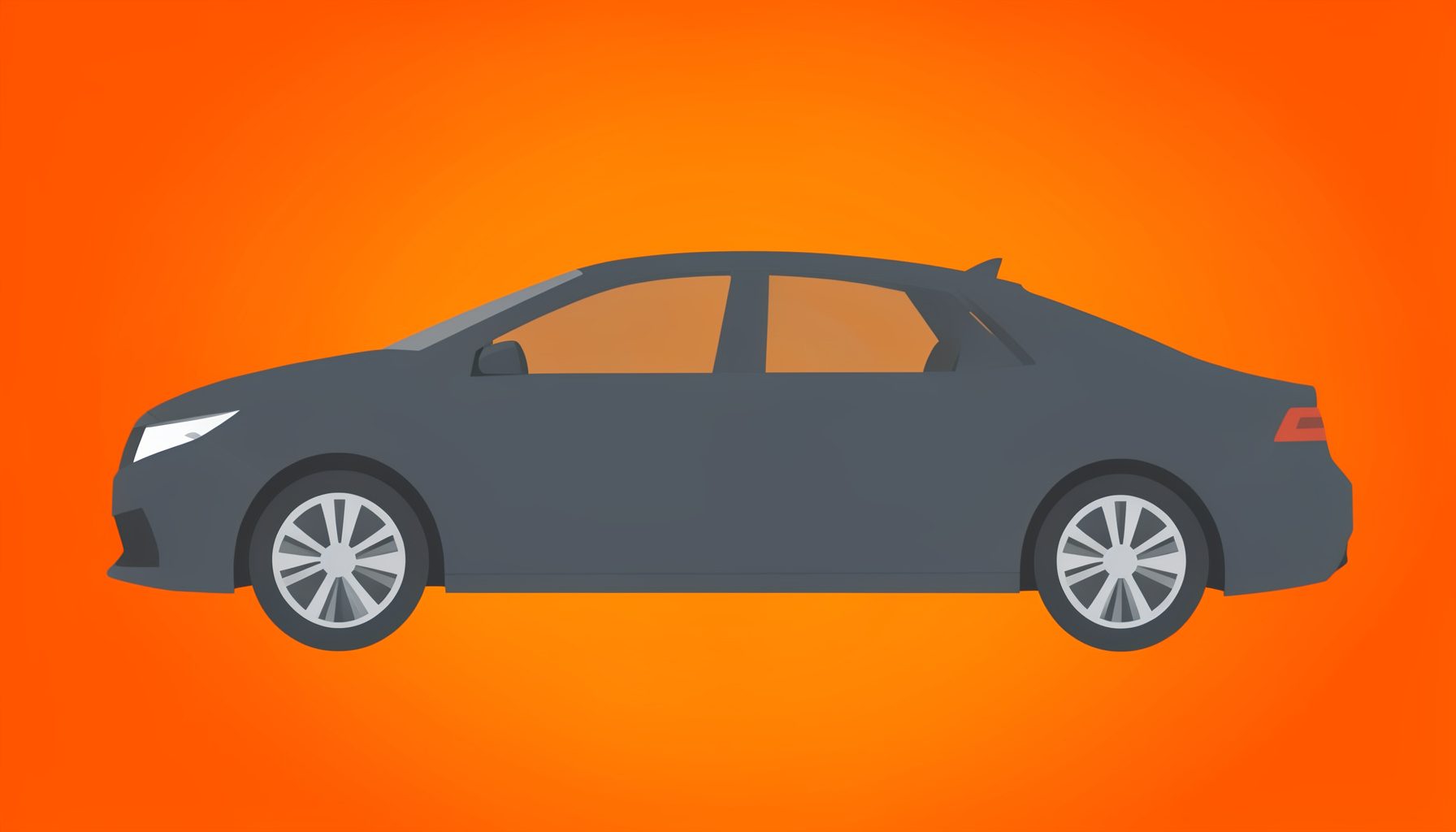 Illustration vectorielle plane d'une silhouette de berline moderne vue de profil, en gris anthracite sur fond orange vif dégradé.