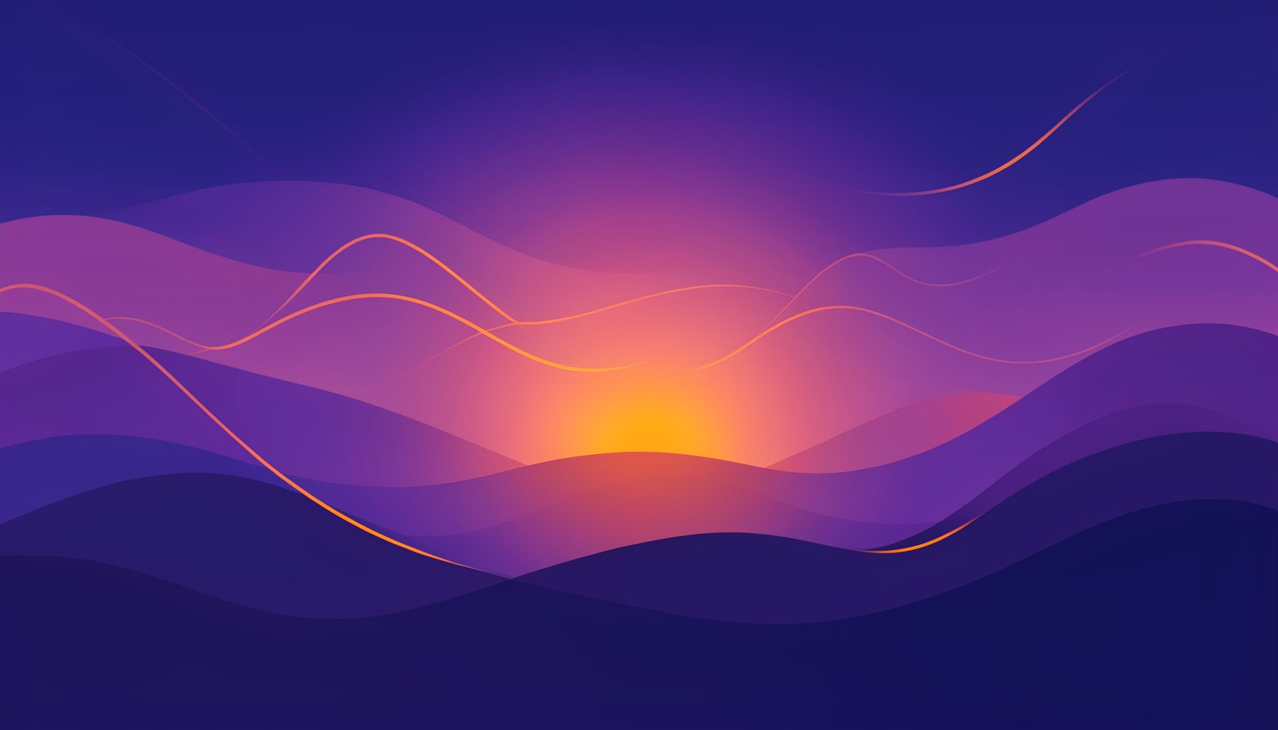Illustration vectorielle plane d'un paysage sonore apaisant aux tons violets profonds et bleus nuit, avec des lignes ondulantes douces évoquant des fréquences musicales et une lueur chaleureuse au centre.
