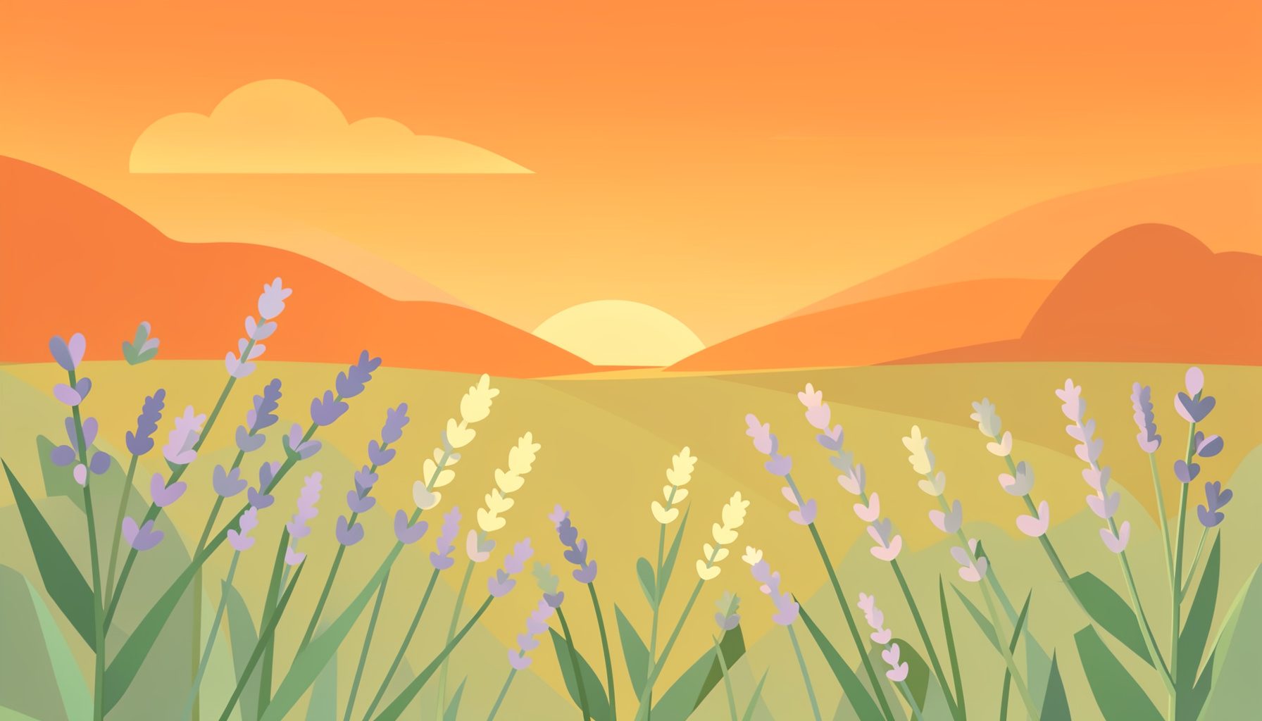 Illustration vectorielle plane d'un paysage de prairie au crépuscule, avec des fleurs sauvages aux tons doux de lavande, de jaune pâle et de vert tendre se balançant sous une lumière dorée et apaisante.