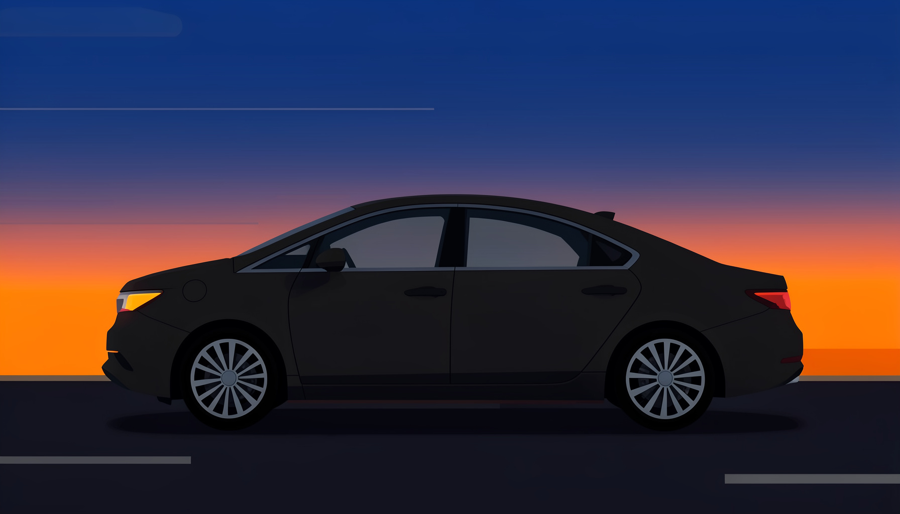 Vue latérale d'une berline de luxe sombre sur une route dégagée, ciel crépusculaire aux tons bleu profond et orange, ambiance technique et élégante.